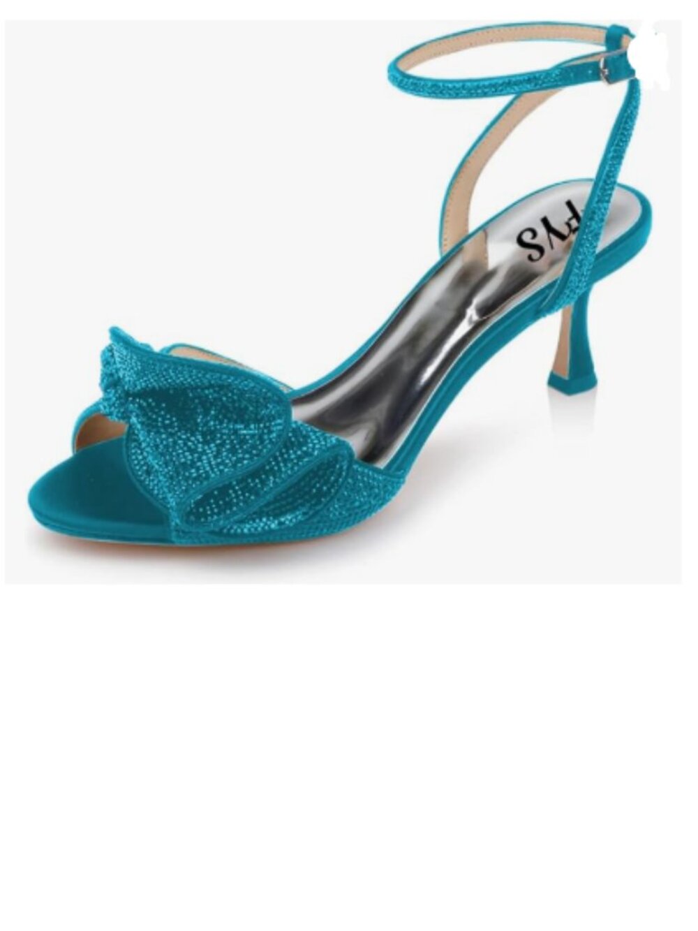 FYS Cyan Cute Rhinestones Bow Peep Toe High Heel Ankle Strap Satin Dress Sandals